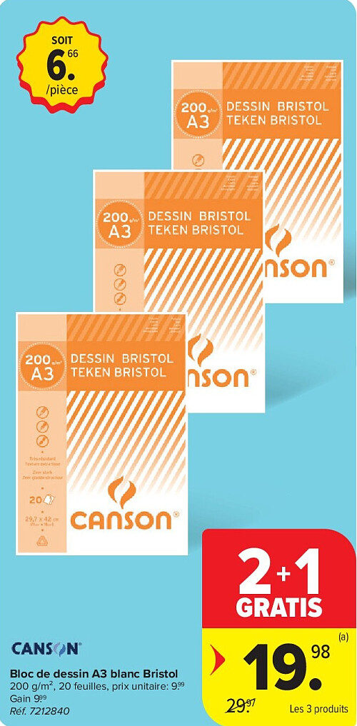CANSON Bloc de dessin A3 blanc Bristol 200 g/m²