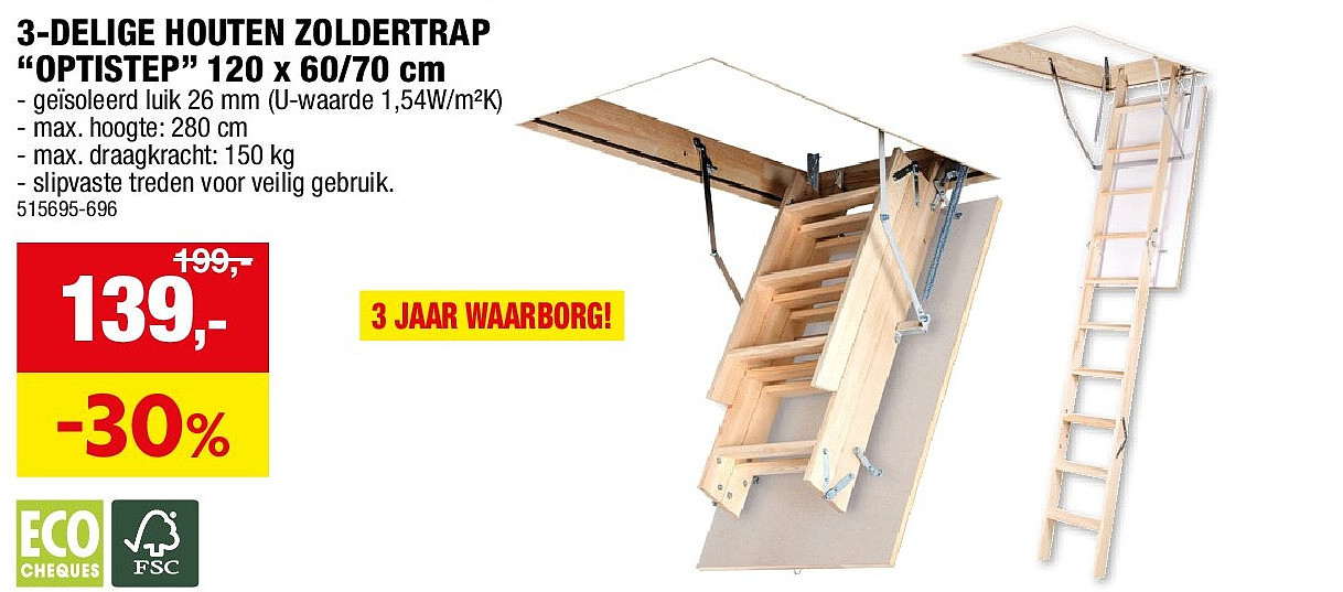 3-DELIGE HOUTEN ZOLDERTRAP “OPTISTEP” 120 x 60/70 cm