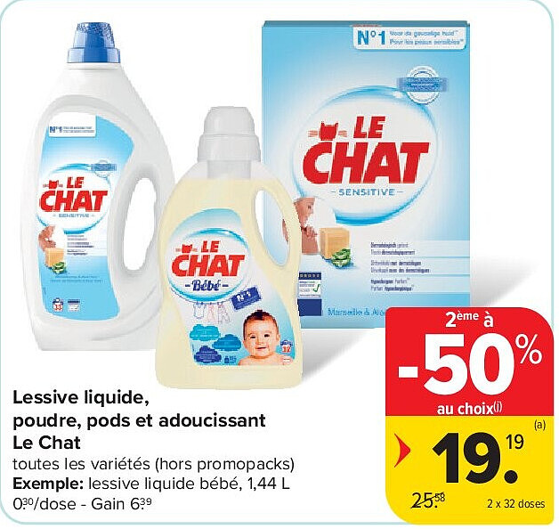 Lessive liquide, poudre, pods et adoucissant Le Chat 2 x 32 doses