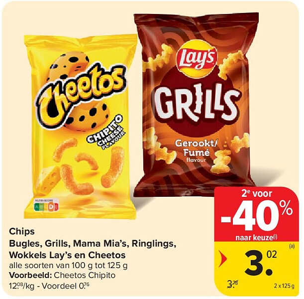 Chips Bugles, Grills, Mama Mia’s, Ringlings, Wokkels Lay’s en Cheetos