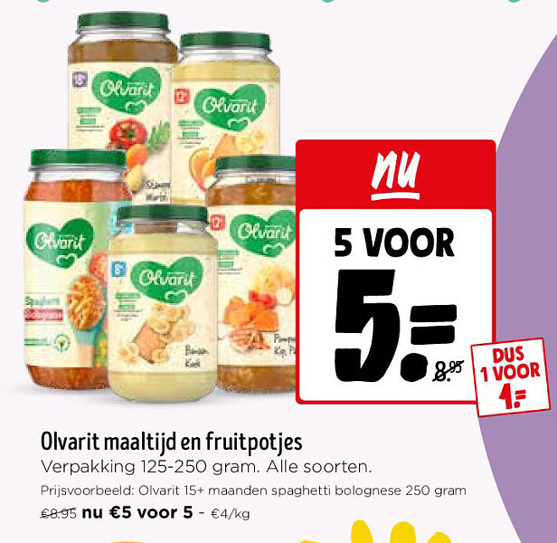 Olvarit maaltijd en fruitpotjes