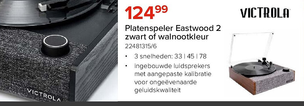 Platenspeler Eastwood 2 zwart of walnootkleur