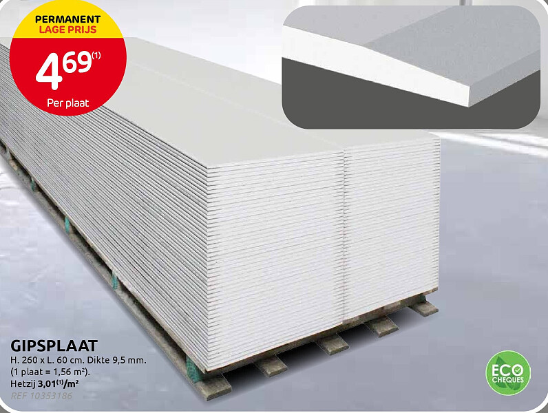 Gipsplaat 260 x 60 cm, dikte 9,5 mm