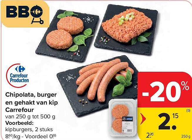 Chipolata, burger en gehakt van kip Carrefour