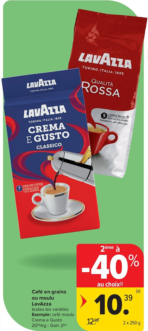 Café en grains ou moulu LavAzza 2 x 250 g