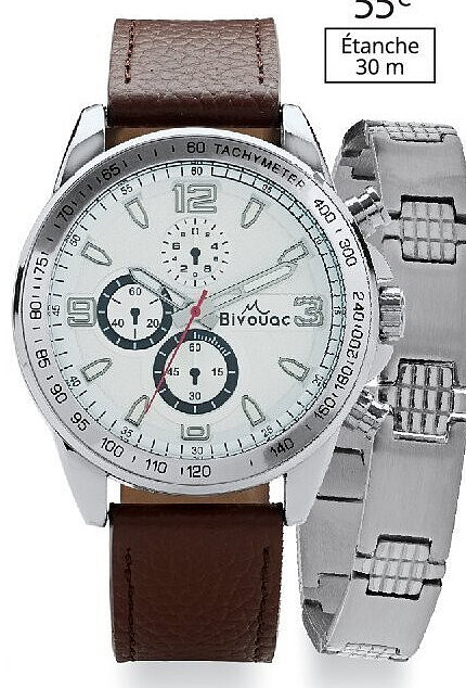 Coffret montre homme Bivouac avec bracelet cuir marron et bracelet