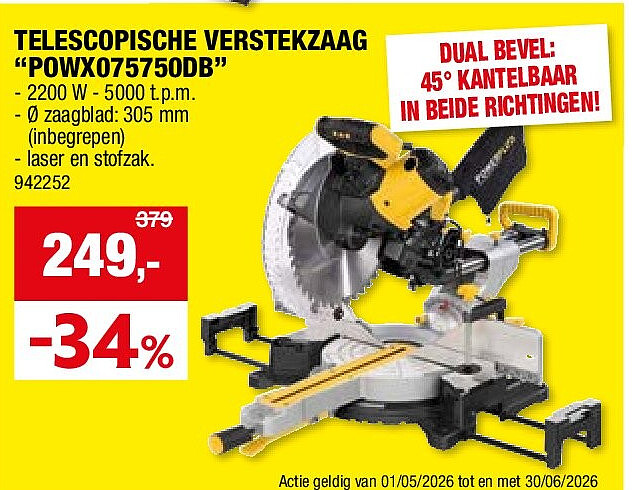 TELESCOPISCHE VERSTEKZAAG “POWX075750DB”