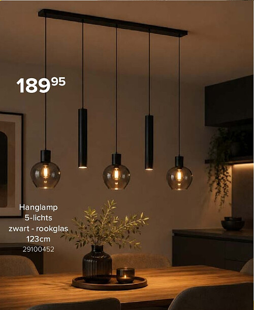 Hanglamp 5-lichts zwart - rookglas 123cm 29100452