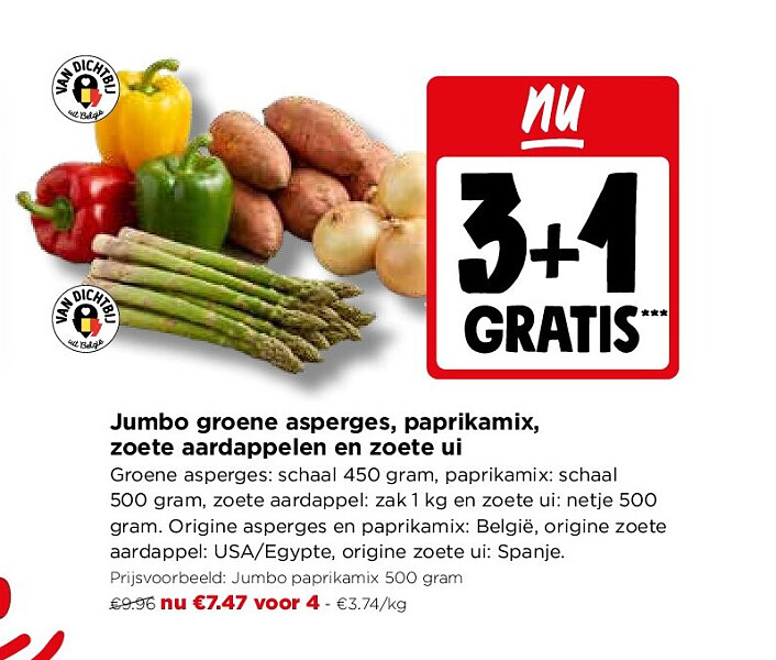 Jumbo groene asperges, paprikamix, zoete aardappelen en zoete ui