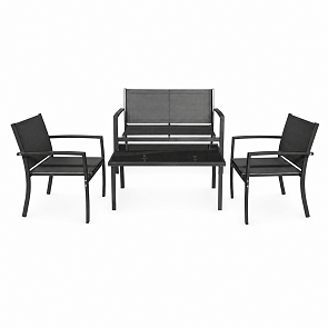HI Loungeset 4-delig zwart - tuinset met sofa, 2 stoelen en glazen tafel