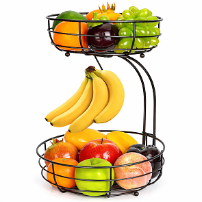 XEMM Fruitmand met Bananenhouder - 2-Laags Rond - Zwart Metaal