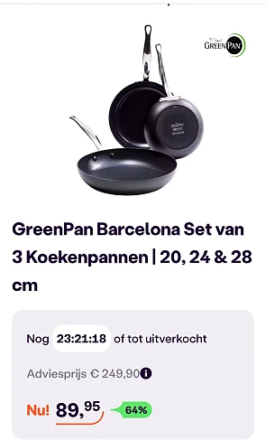 GreenPan Barcelona set van 3 koekenpannen -64% bij ibood.com
