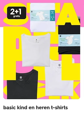 Basic t-shirts kind en heren 2+1 gratis bij Hema