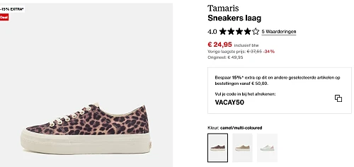 Tamaris sneakers met 50% korting en vanaf €50 nog -15% extra
