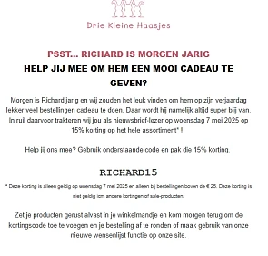 15% korting bij Drie Kleine Haasjes