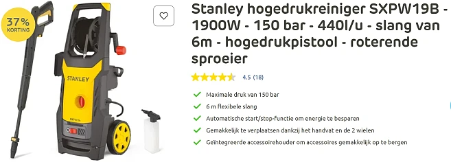 Stanley hogedrukreiniger voor €99,99 ipv €159,00 bij Brico