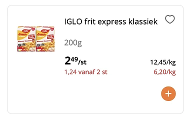 Iglo frit express klassiek 200 gram reactie Delhaize 1+1 gratis