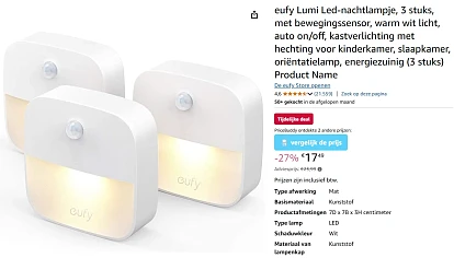 eufy Lumi Led-nachtlampje, 3 stuks, met bewegingssensor voor €17,49 bij Amazon NL