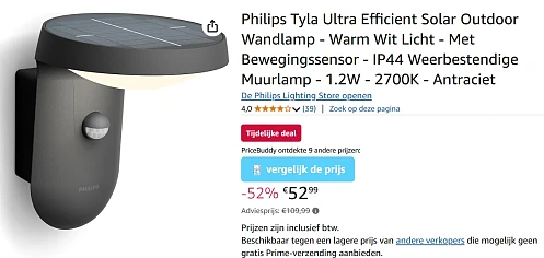 Philips wandlamp buiten met zonne energie met 52% korting bij Amazon NL