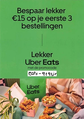 Ubereats €15 korting op je eerste 3 bestellingen