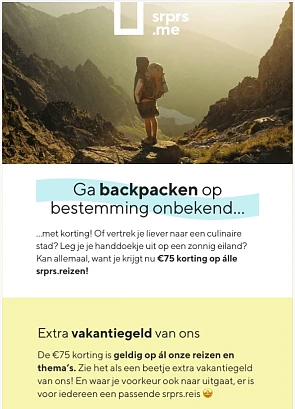 €75 korting op àlle srprs.me reizen 🧳