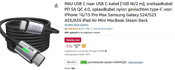 usb c naar usb c 2 meter snellaadkabel