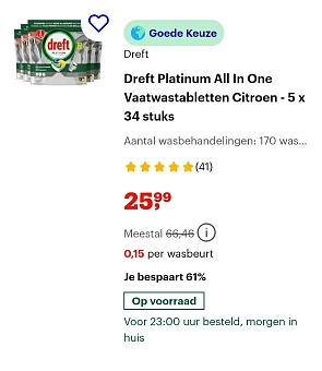 Dreft platinum all in one vaatwastabletten citroen - 5 x 34 stuks -61% bij bol.com