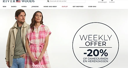 20% korting op alle damesjurken en heren- en boysjassen bij riverwoods