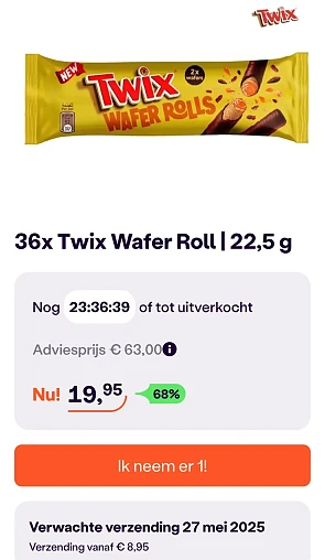 36x twix wafer roll 22,5 g -68% bij ibood.com