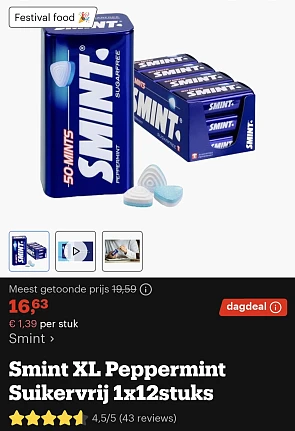 Smint peppermint.suikervrij , 1x 12 stuks.