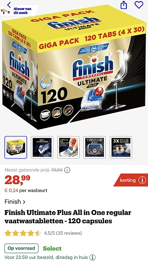 Finish vaatwastabletten ultimate + 120 stuks 0,24€/wasbeurt bij bol