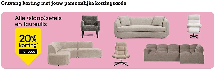 20% korting bij Leenbakker op alle (slaap)zetels en fauteuils
