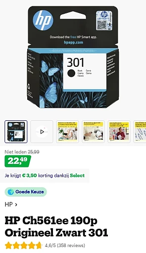 HP Cartridge 301 zwart -€3,50 bij bol.com