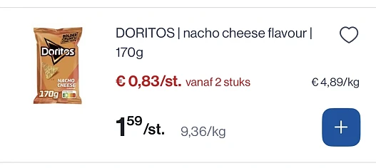 Doritos Nacho cheese flavor reactie Delhaize online deal 1+1