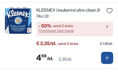 Kleenex keukenrol ultra clean 2 l 74 v reactie Delhaize online deal 1+1