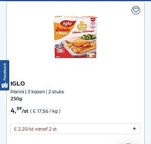 Iglo panini 3 kazen 2 stuks reactie Delhaize online deal 1+1
