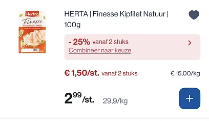 Herta finesse 100 gram -25% korting extra bovenop. Goedkope prijs