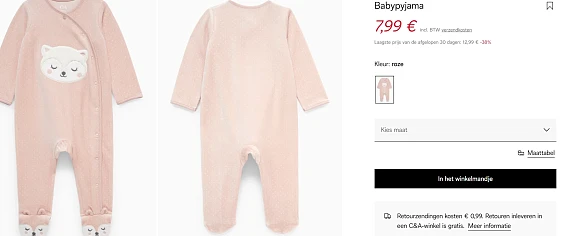 Babypyjama's en rompertjes tot -44% bij C&A