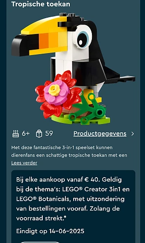 Gratis Lego toekan bij aankoop vanaf €40