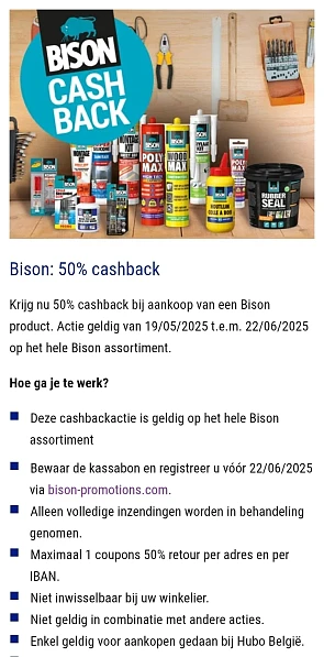 Bison: 50% cashback na aankoop bij Hubo