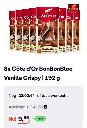 8x Côte d'Or BonBonBloc Vanille Crispy 192 g -76% op ibood.com