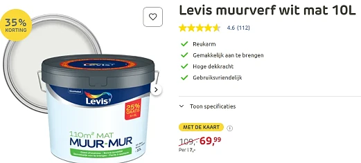 Levis muurverf wit mat 10L nu bij Brico met €40 korting