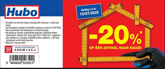 -20% op één artikel naar keuze bij Hubo