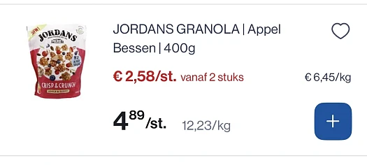 Jordans granola appel-bessen 400 gram goedkoper