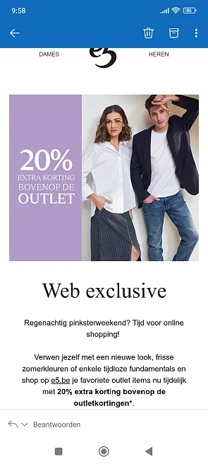 20% extra korting op de outlet (tot -60%) bij e5.be