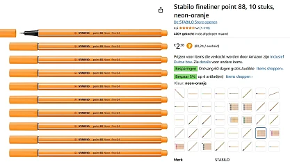 Stabilo fineliner point 88, 10 stuks, neon-oranje