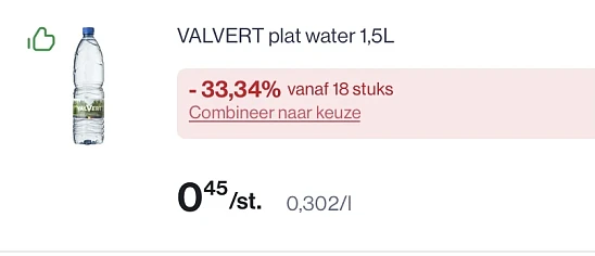 Valvert plat water 1,5L mooi koopje