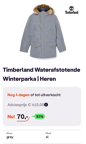 Timberland winterparka grijs enkel maat xl -83% op ibood.com