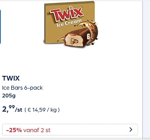 Twix ice bars 6-pack 205g -25% extra