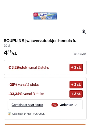 Soupline wasverzachter doekjes hemels fris 20 stuks met dubbele korting
